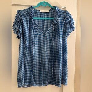 Hunter Bell Blue Checkered Ruffle Blouse size Large